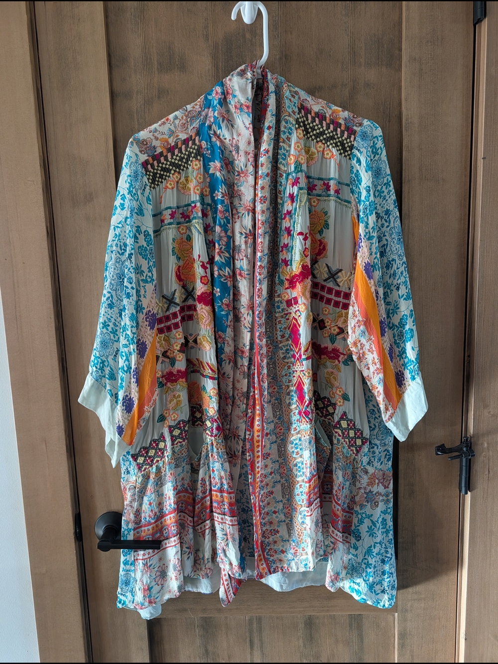 Johnny Was Floral Patchwork Kimono — Teal, Red, Cream